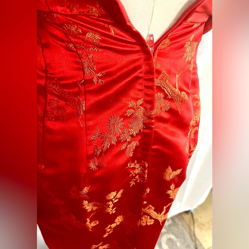 Red & Gold Chinese brocade silky 2-piece pencil dress & cropped jacket size XS - Picture 4 of 16